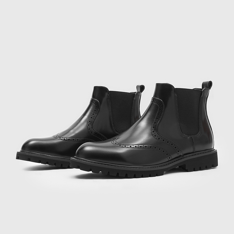 Men Shoes For Wedding - メンズファッション ウェディングパーティー チェルシーブーツ ブラック トレンディな彫刻入りブローグシューズ カウボーイ