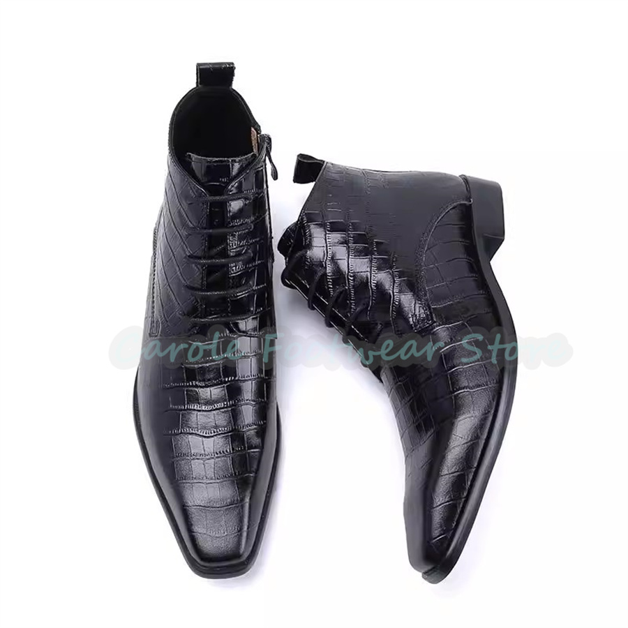 Men Shoes For Wedding - ファッション本革アンクルブーツ男性用ポインテッドトゥチャンキーヒールハイトップレースアップブーツ男性結婚式ビジネスドレスシューズ