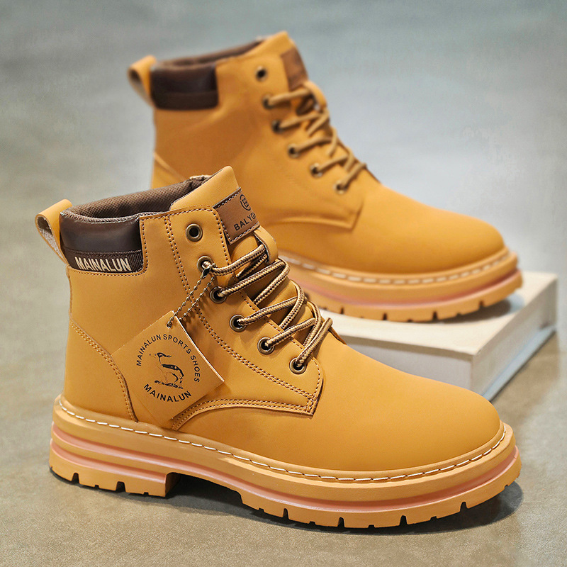 Men Shoes Classic - クラシックメンズハイカットブーツ高品質イエローレザーブーツファッションアウトドアスニーカーメンズレースアップ滑り止めアンクルブーツメンズ