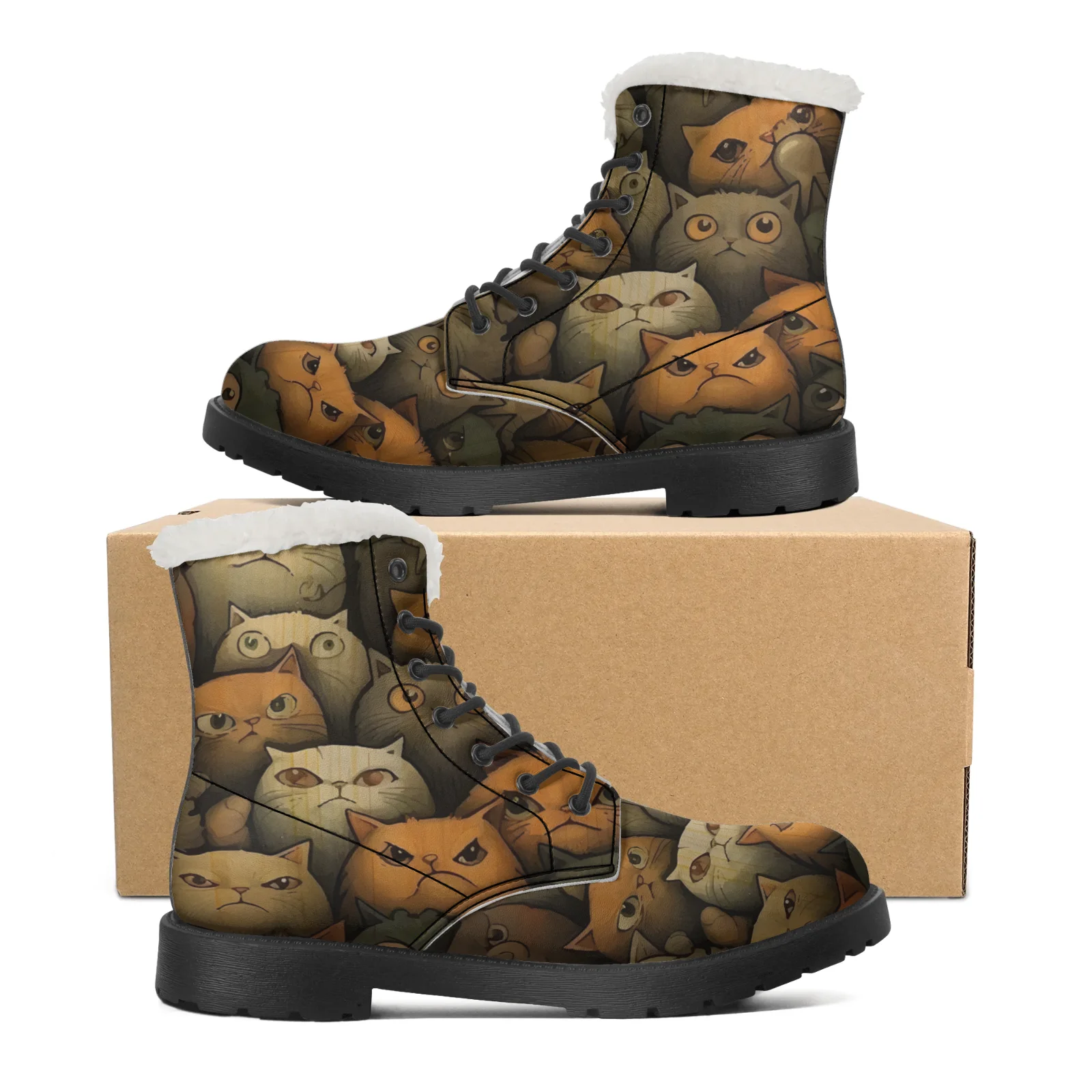 Men Shoes Eu To Us Size - かわいい猫柄プリントのプラッシュスノーブーツ、男女兼用ティーンエイジャー向けシューズ、カジュアルブーツ、軽量保温カップルスノーブーツ、サイズEU 35-48