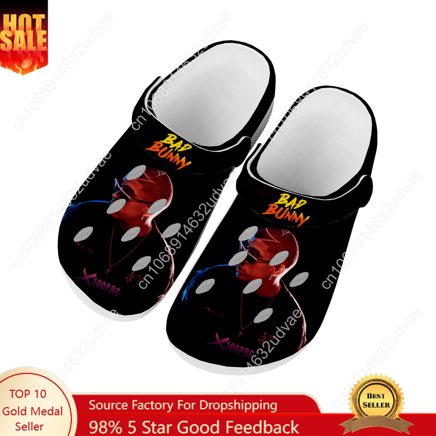 Men'S Shoes Non Slip - Bad Bunny ウォーターシューズ男性女性ティーンエイジャー滑り止めファッションホームガーデン下駄カスタムサンダルビーチ通気性穴スリッパ
