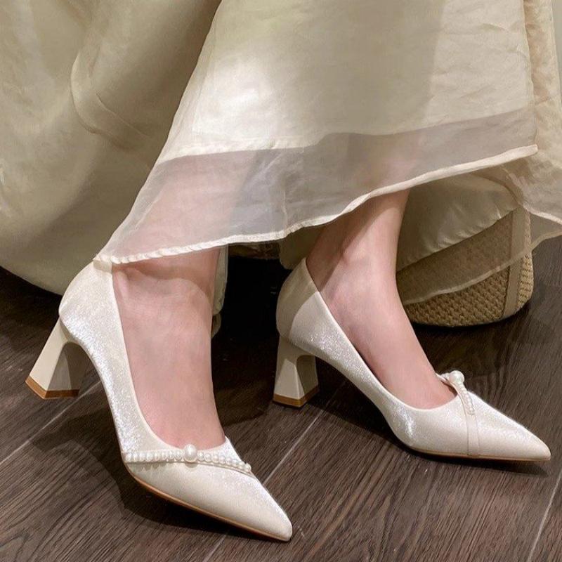 Men Shoes H&M - エレガントなパール装飾のポインテッドトゥブロックヒール、優しいスタイルのコンフォートパンプス、女性用クラシックオフィスドレスシューズ