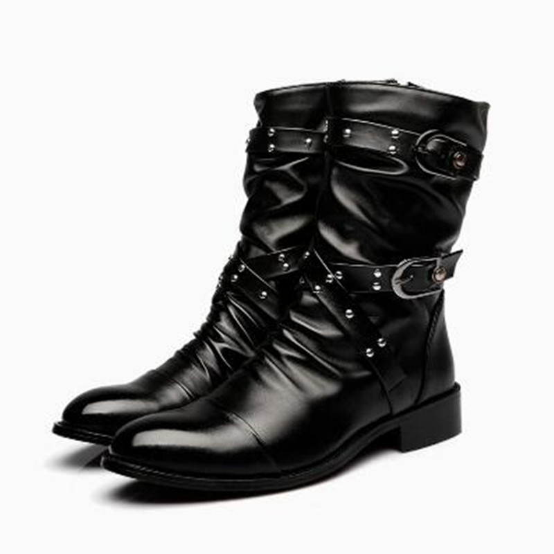 Men Shoes Classic - ファッションメンズレザー高品質ミッドチューブブーツクラシック秋冬黒パンクロックシューズカジュアル男性女性プラスサイズ 38--46