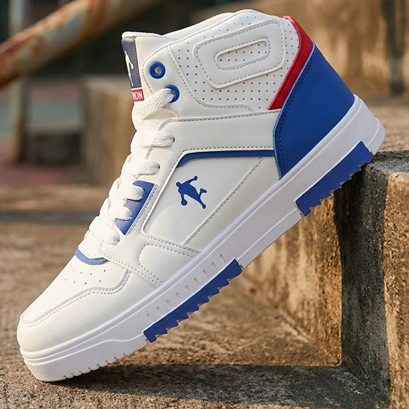 Men Shoes White Colour - メンズ ホワイト ハイカット カラーブロック スニーカー、ストリートウェア向けレースアップ カジュアル