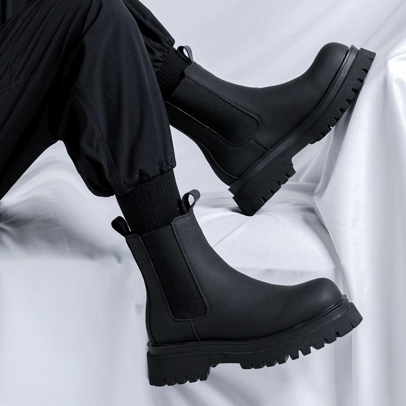 Men Shoes H&M - 2026プラットフォームブラックハイカットブーツ メンズ ハイヒール 本革 アンクルチェルシーブーツ メンズ
