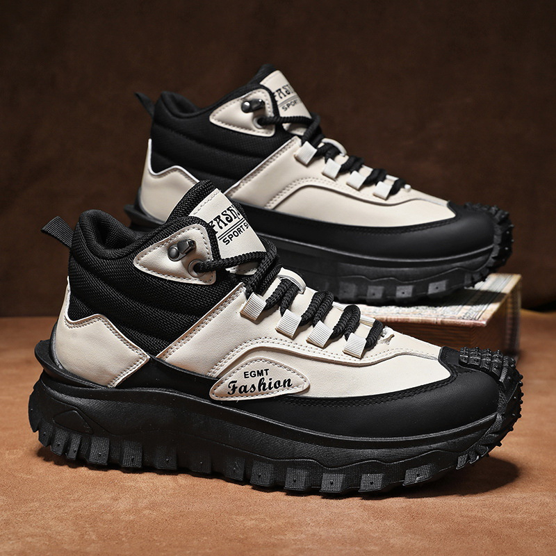 メンズ黒白ミッドトップハイキングブーツ防水レザー プラットフ - Men Shoes White Colour のレビューと価格