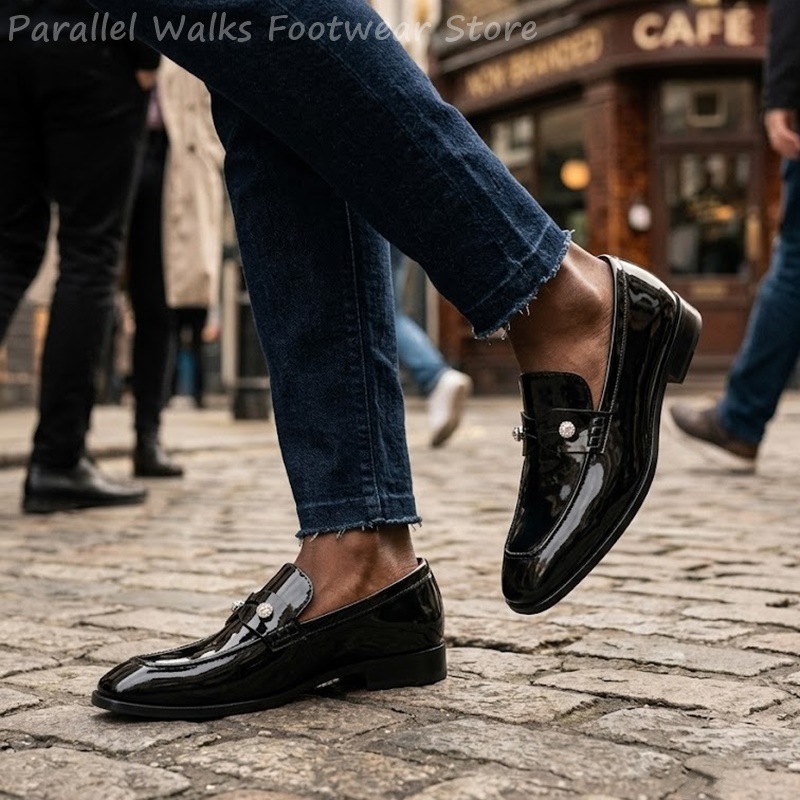 メンズブラックパテントフェイクスエードラインストーンローファ - Men Shoes For Wedding のレビューと価格