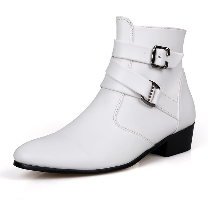 高級メンズブーツレザーチェルシーブーツハイトップバックルスト - Men Shoes White Colour のレビューと価格