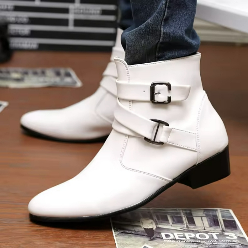高級メンズブーツレザーチェルシーブーツハイトップバックルスト - Men Shoes White Colour のレビューと価格