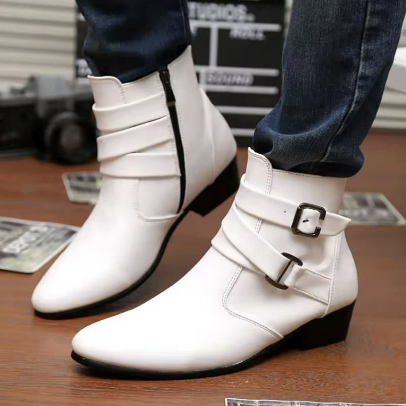 高級メンズブーツレザーチェルシーブーツハイトップバックルスト - Men Shoes White Colour のレビューと価格