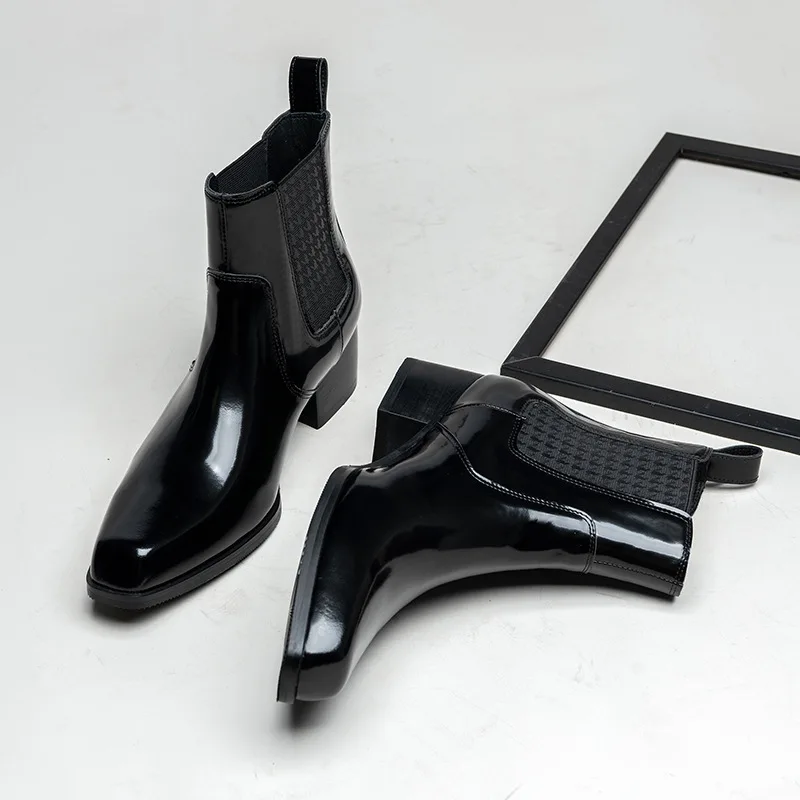 高級パテントレザー メンズ アンクルブーツ ヒール付き 本革 - Men Shoes For Wedding のレビューと価格